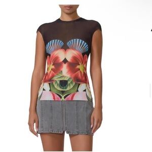 AFRM Black Mesh Floral Graphic Cap-Sleeve Top